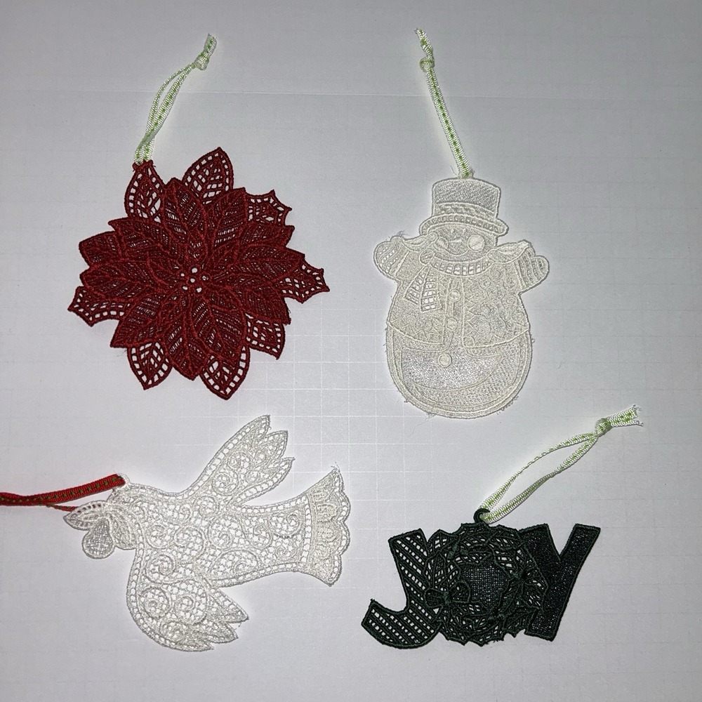 Vintage Handmade Christmas‎ Patchwork Bag And Set Of 4 FSL Ornaments JOY Snowman